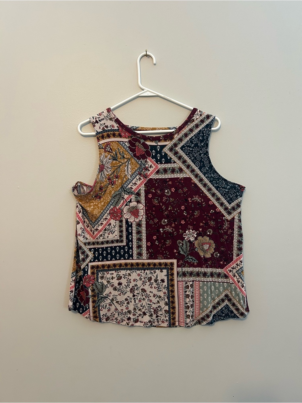 Maurices Patchwork Floral Tank Top - Burgundy, Mustard, Navy, Cream